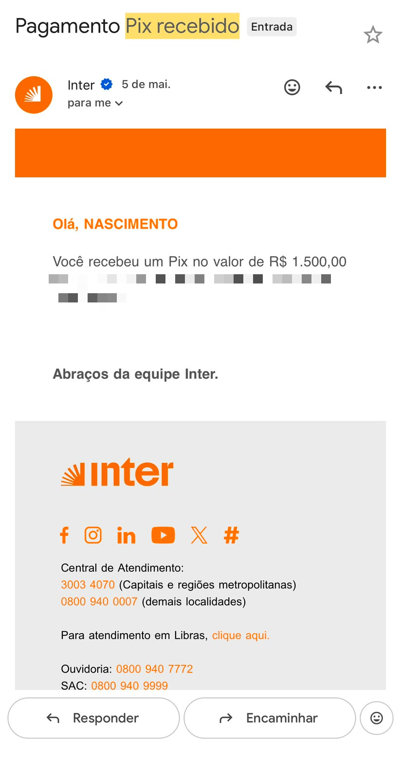Comprovante Pix R$ 1.500,00